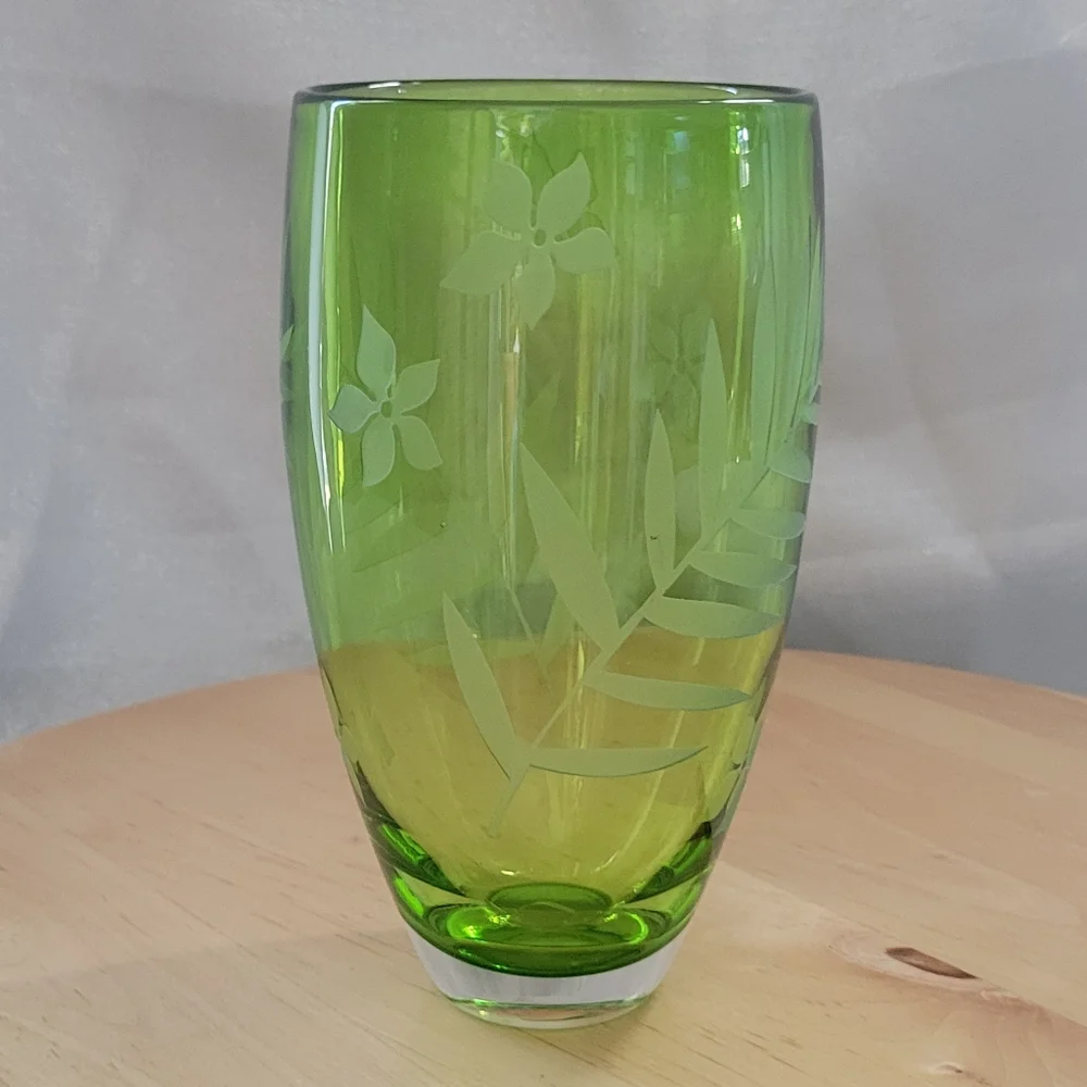 Crate & Barrel Lime Green Etched Vases Glasses Tumblers Hand Blown